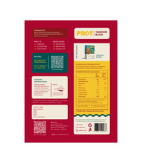 Back of a PROT Tandoori Block packaging with text and QR code on a red background
