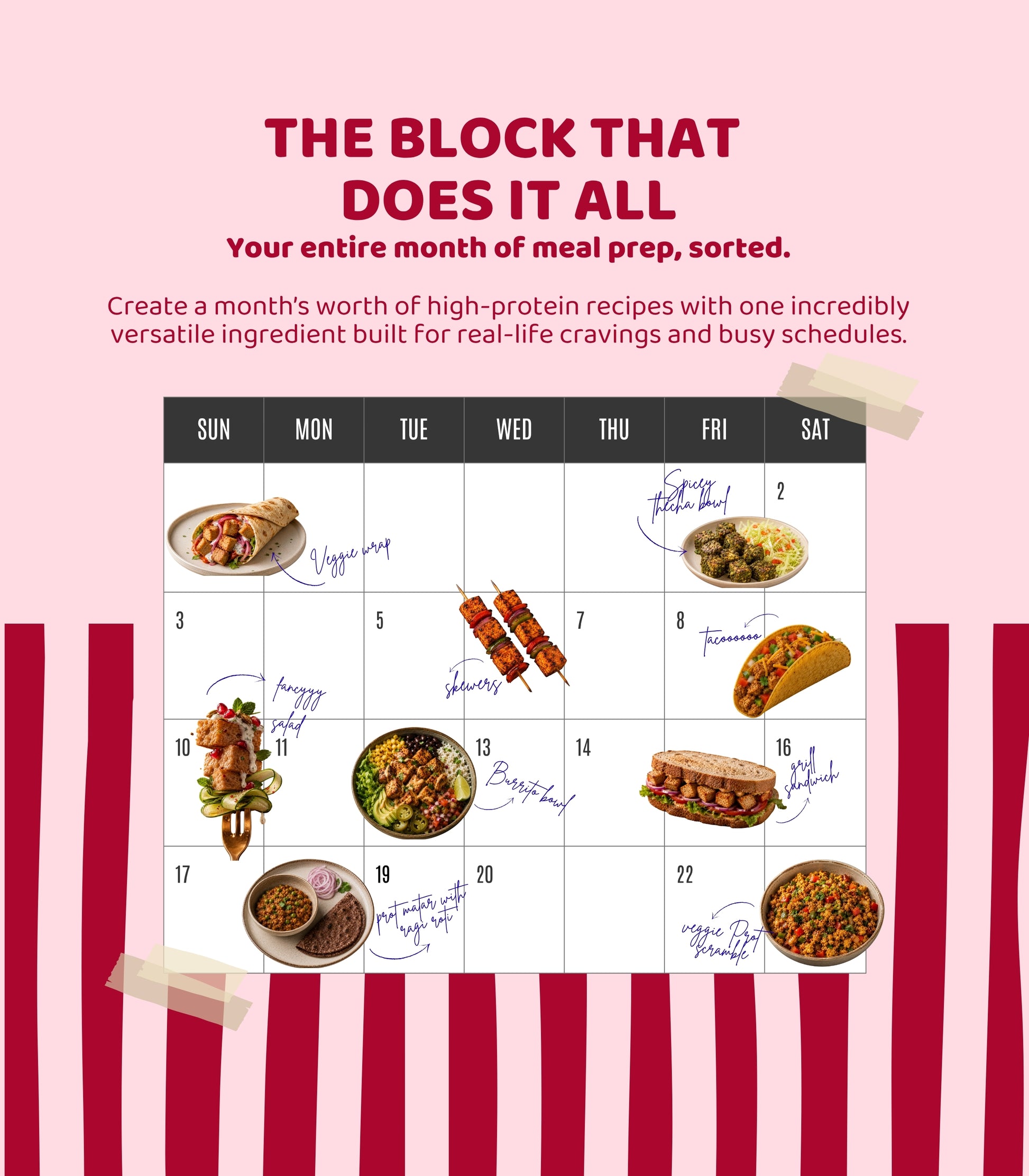 Meal prep calendar with high-protein recipes on a pink background